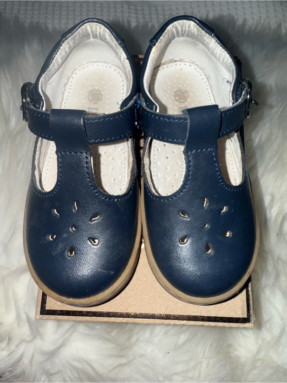 L'Amour Navy T‑Strap Kids Dress Shoes with Tan Sole